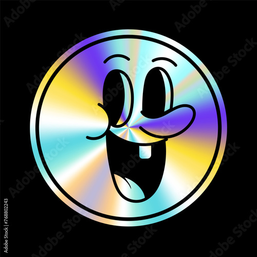 Holographic sticker with cartoon face in a trendy retro y2k style. Vector Graphic with textured foil effect. Emocion sticer