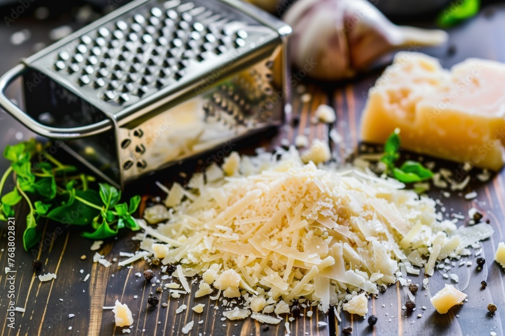 grated parmesan mound beside a metallic grater grated parmesan mound beside a metallic grater