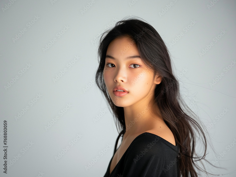 A woman with long hair and a black top A woman with long hair and a black top