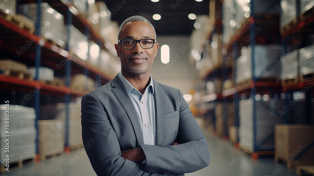 Business owner or manager in a large distribution center warehouse Business owner or manager in a large distribution center warehouse