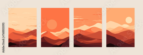 Abstract desert poster design. Minimalistic dune landscape background with sunrise and sunset in desert in oriental style. Vector illustration
