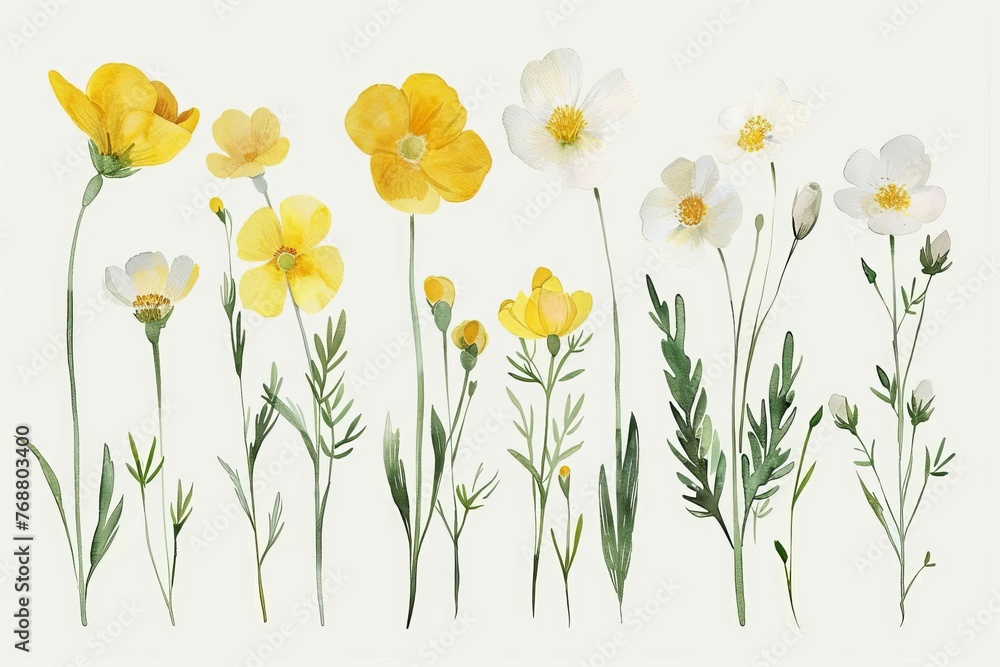 Delicate Meadow Blossoms Watercolor Clipart Set of Yellow and White Wildflowers, Hand-Painted Botanical Illustration