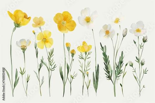 Delicate Meadow Blossoms Watercolor Clipart Set of Yellow and White Wildflowers  Hand-Painted Botanical Illustration