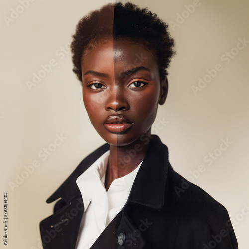 Dual Beauty: Fashion  Ethnicity. Dark-skinned woman in stylish coat, digitally altered for contrast. Creative concept. photo