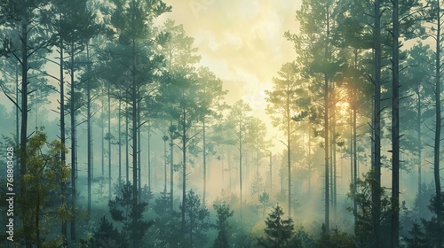 Envision a serene forest scene with tall, slender trees reaching towards a soft pastel sky.