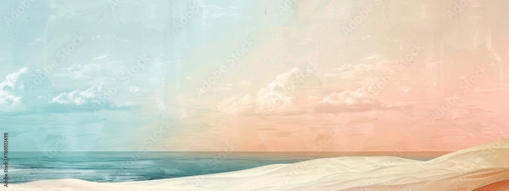 Evoke the serenity of a coastal horizon with a split background that transitions from pale pastel blue reminiscent of the ocean to sandy beige or shell pink representing the shoreline.