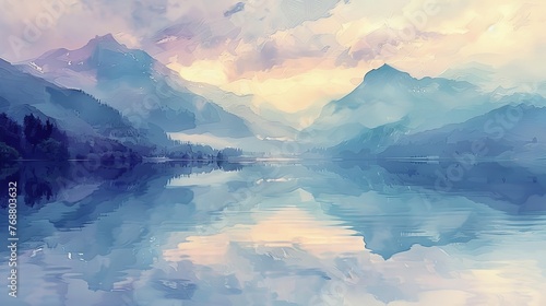 Ethereal Mountain Reflections: tranquil lakeside scene with distant mountains reflected in calm, pastel-colored waters. photo