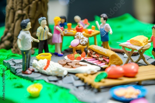 plasticine picnic scene with figures and food items