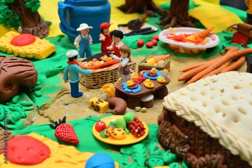 plasticine picnic scene with figures and food items © studioworkstock
