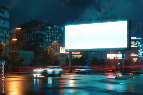 Dramatic nightfall city view with a blank billboard canvas illuminating opportunities for advertisers amidst urban glow