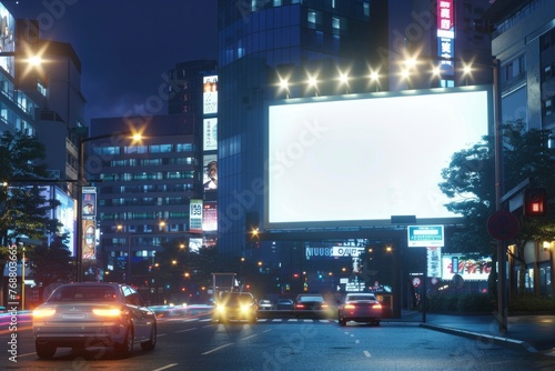 Twilight descends on a cityscape, where a blank billboard awaits its showcase amid the ambient lights of dusk.