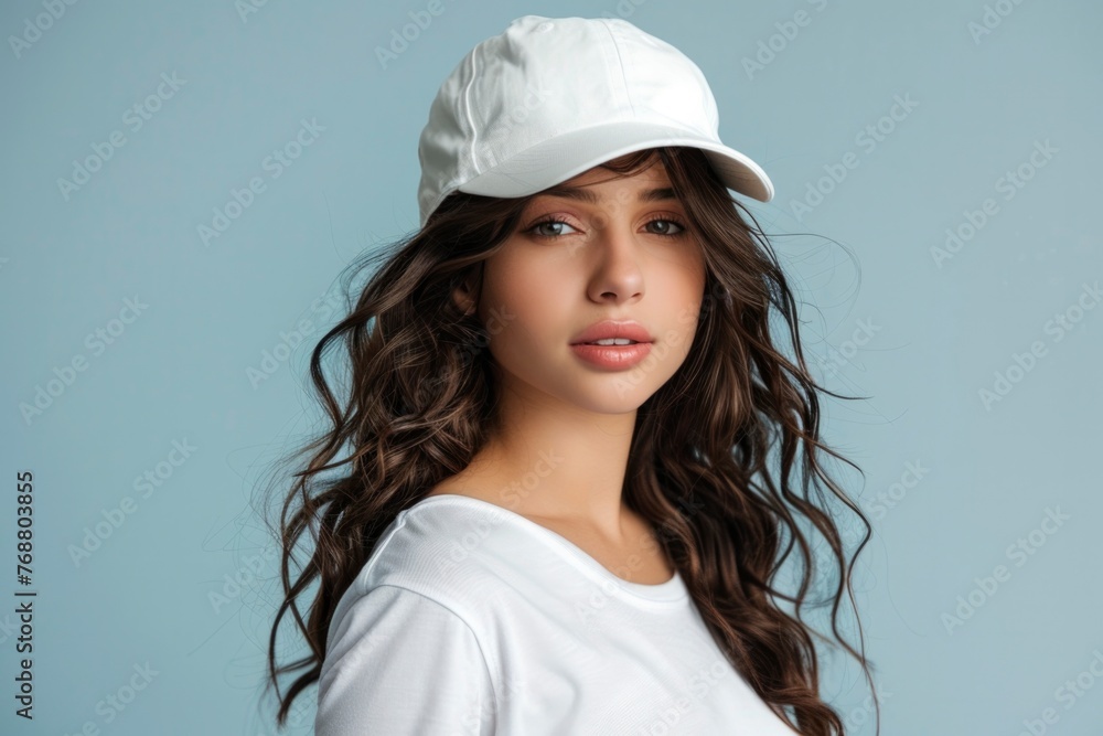 A young woman's side-profile captures her flowing curly locks and white cap, setting a tone of effortless beauty and contemporary style A young woman's side-profile captures her flowing curly locks and white cap, setting a tone of effortless beauty and contemporary style