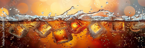 close up of a glass of champagne, fresh soda drink or cola with ice cubes, fresh tea with ice cube photo