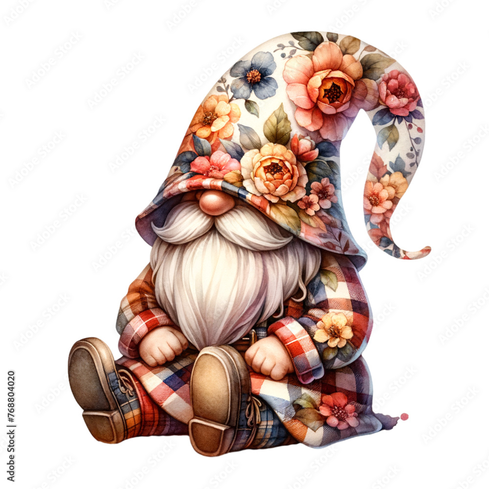 Watercolor Floral gnome with a hat covering his face isolated and cut-out on white background Clipart