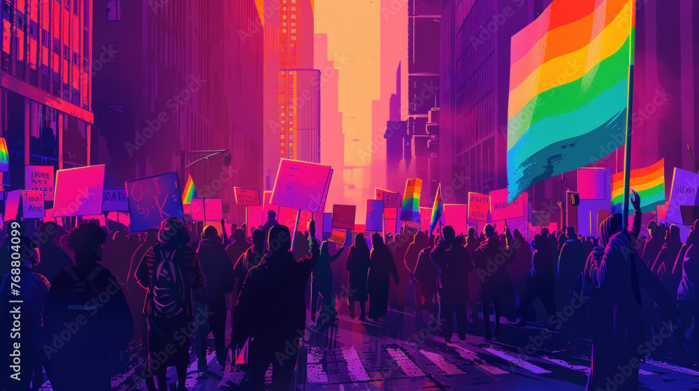 A diverse group of individuals marching down a city street, each proudly waving rainbow flags. The scene is filled with energy and unity - obrazy, fototapety, plakaty 