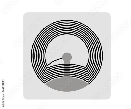 Round RFID tag on square sticker with semiconductor microchip. Radio frequency identification flexible sticky label. Vector illustration