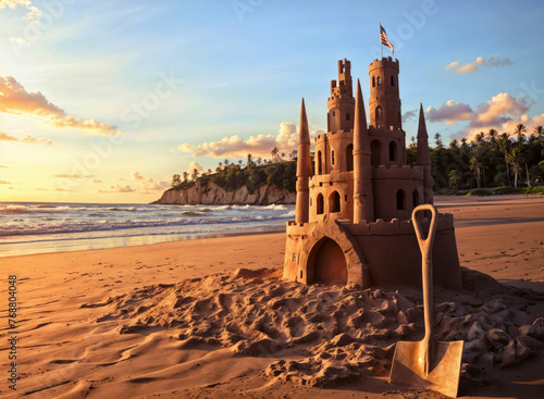 Sand castle with shovel at the sunset on the beach created with Generative AI technology