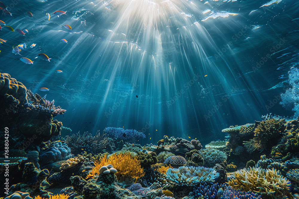 Underwater Radiance, Sunbeams Filtering Through Vibrant Coral Reef Teeming with Marine Life