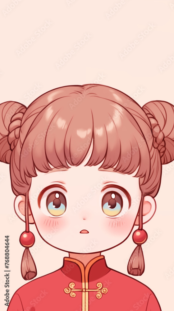 Obraz premium Hand drawn cartoon illustration of cute girl wearing red Tang suit 