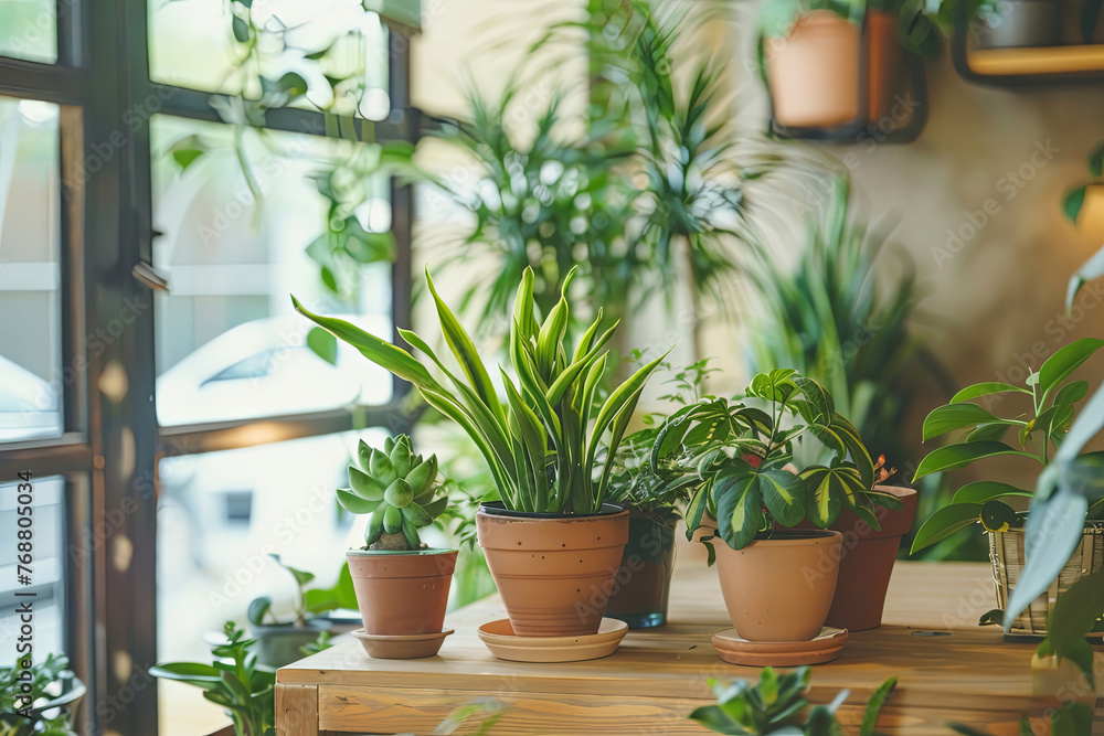 Lush houseplants basking in the warm sunlight by the window