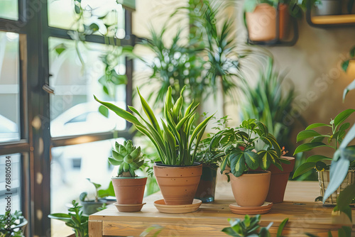 Lush houseplants basking in the warm sunlight by the window