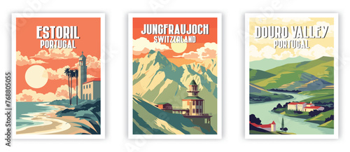 Estoril, Junfraujoch, Douro Valley Illustration Art. Travel Poster Wall Art. Minimalist Vector art