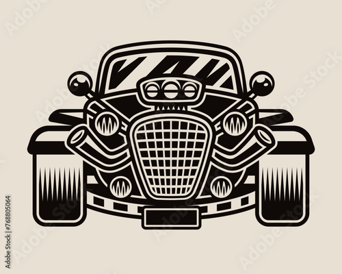 Hot rod car front view vector illustration in vintage style on light background