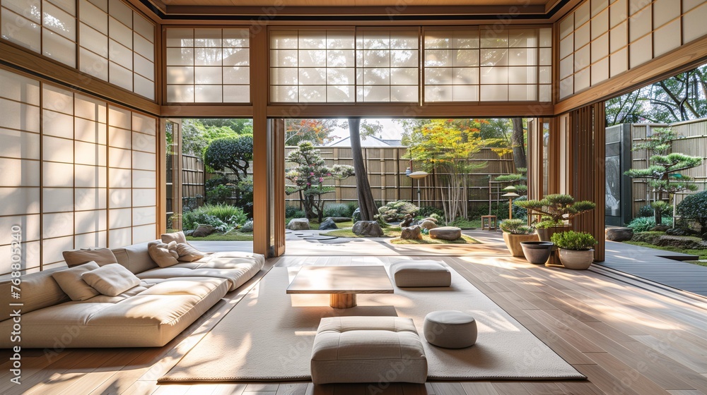 Tranquil Japanese Style Living Room with Garden View Tranquil Japanese Style Living Room with Garden View