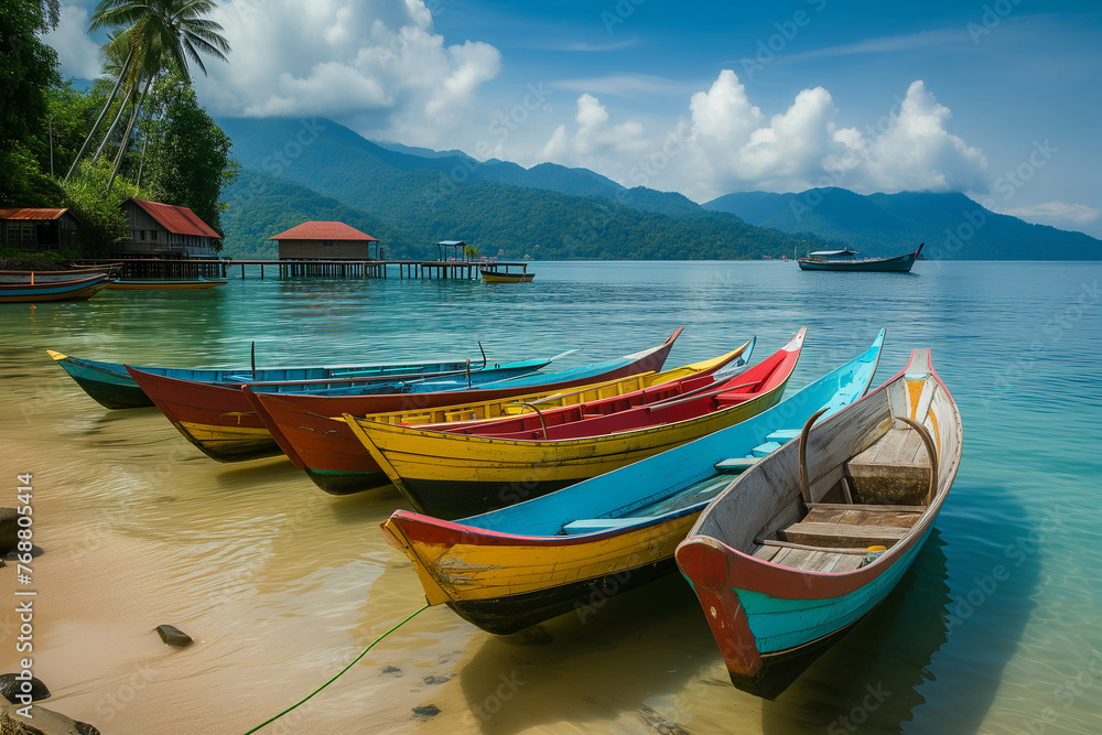 A small wooden fishing boat bobs on a calm lake in a tropical landscape.