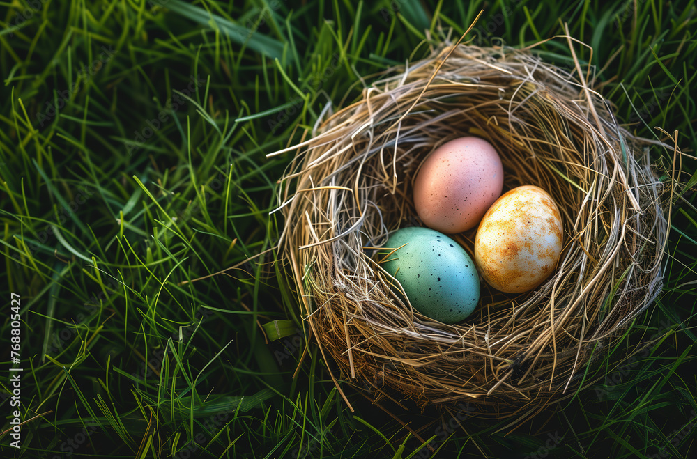 Colorful Easter eggs in a bird nest on green grass