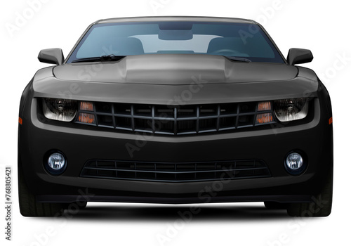 Powerful American muscle car in full black color front view. Isolated on a transparent background. © andrew7726