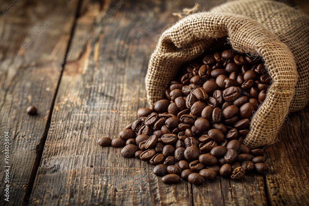 coffee beans in burlap sack on wooden table coffee beans in burlap sack on wooden table