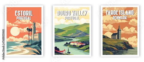 Estoril, Douro Valley, Faroe Island Illustration Art. Travel Poster Wall Art. Minimalist Vector art