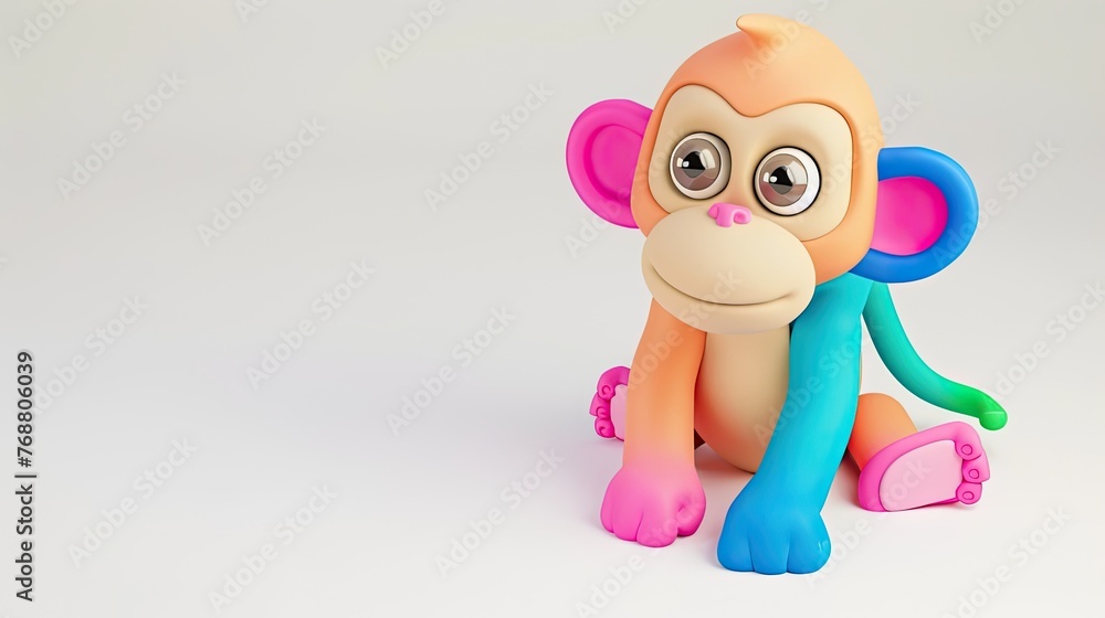 Adorable Colorful 3D Clay Monkey Figurine on White Background