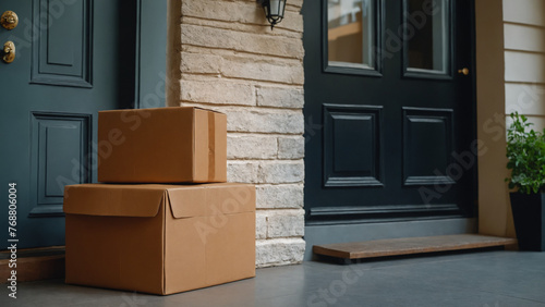 Delivered package placed in front of the entrance of a house or commercial building, business concept of deliveries, shipping, concept of a future of immediate fast deliveries