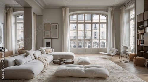 Elegant Living Room Interior with Large Windows and Parisian Balcony View © lin