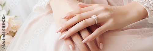 Wedding nail design of the bride, beautiful hands of the bride with well-groomed manicure, banner