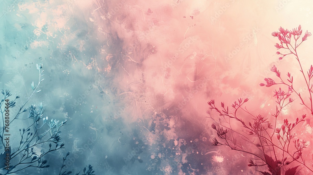 Obraz premium pastel gradient background with layering textures, overlaying a subtle floral pattern on a smooth transition from baby blue to pale pink.