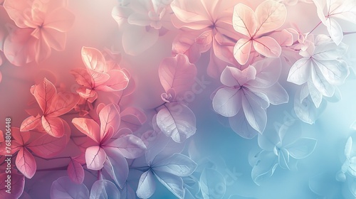pastel gradient background with layering textures, overlaying a subtle floral pattern on a smooth transition from baby blue to pale pink. © Exnoi