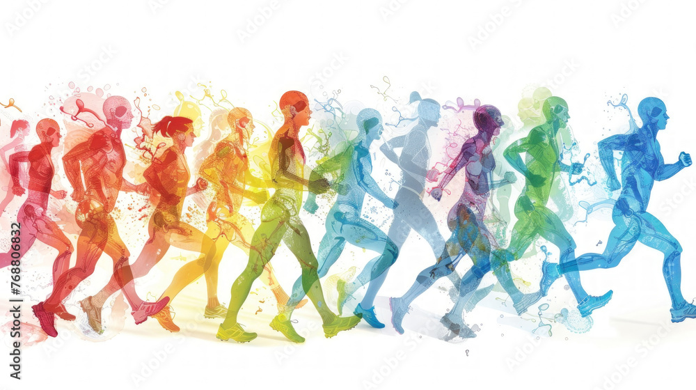 A group of individuals running together in sync, showcasing teamwork and fitness in motion