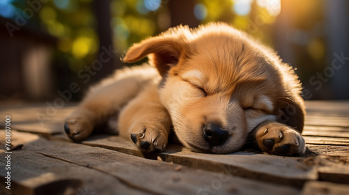 Golden retriever puppy is sleeping on a table