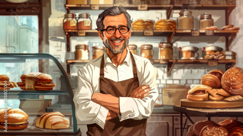 Illustration: gleeful baker presenting delectable treats in traditional bakery setting