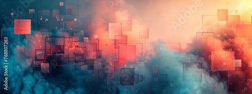 split background using pastel hues of coral and sky blue, with abstract square light shapes arranged in a grid-like formation.