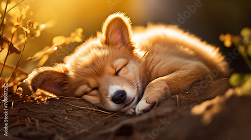 Cute puppy sleeping soundly under a bush photo