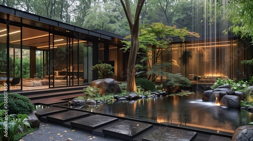 Modern House with Zen Garden and Pond at Dusk
