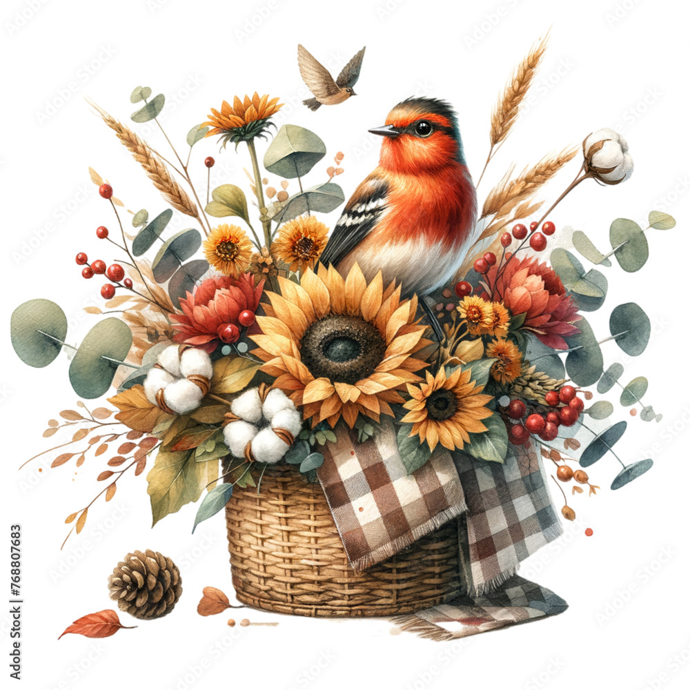 Watercolor autumn bouquet with red breasts, sunflowers, cotton and eucalyptus leaves Clipart