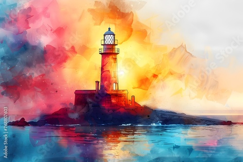 Vibrant Watercolor Lighthouse Guiding Travelers Across the Mediterranean Coastline