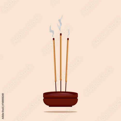 Vector of burning incense on a clay pot