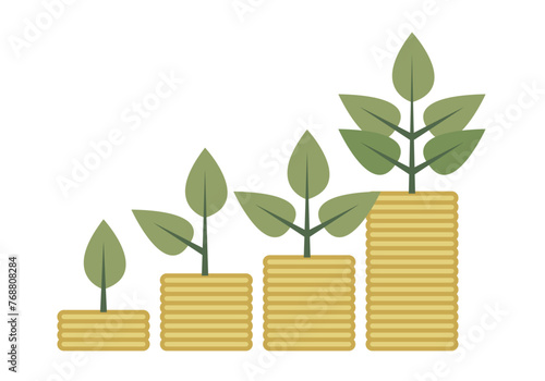 Crecimiento económico representado por pila de monedas y brotes de plantas. 