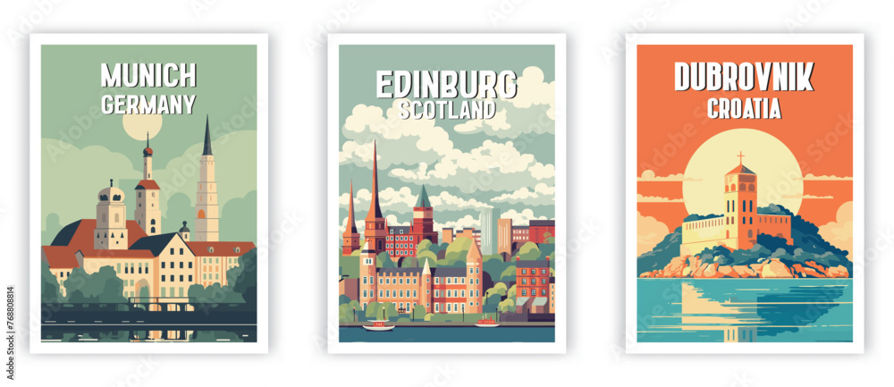 Obraz premium Munich, Edinburg, Dubrovnik Illustration Art. Travel Poster Wall Art. Minimalist Vector art